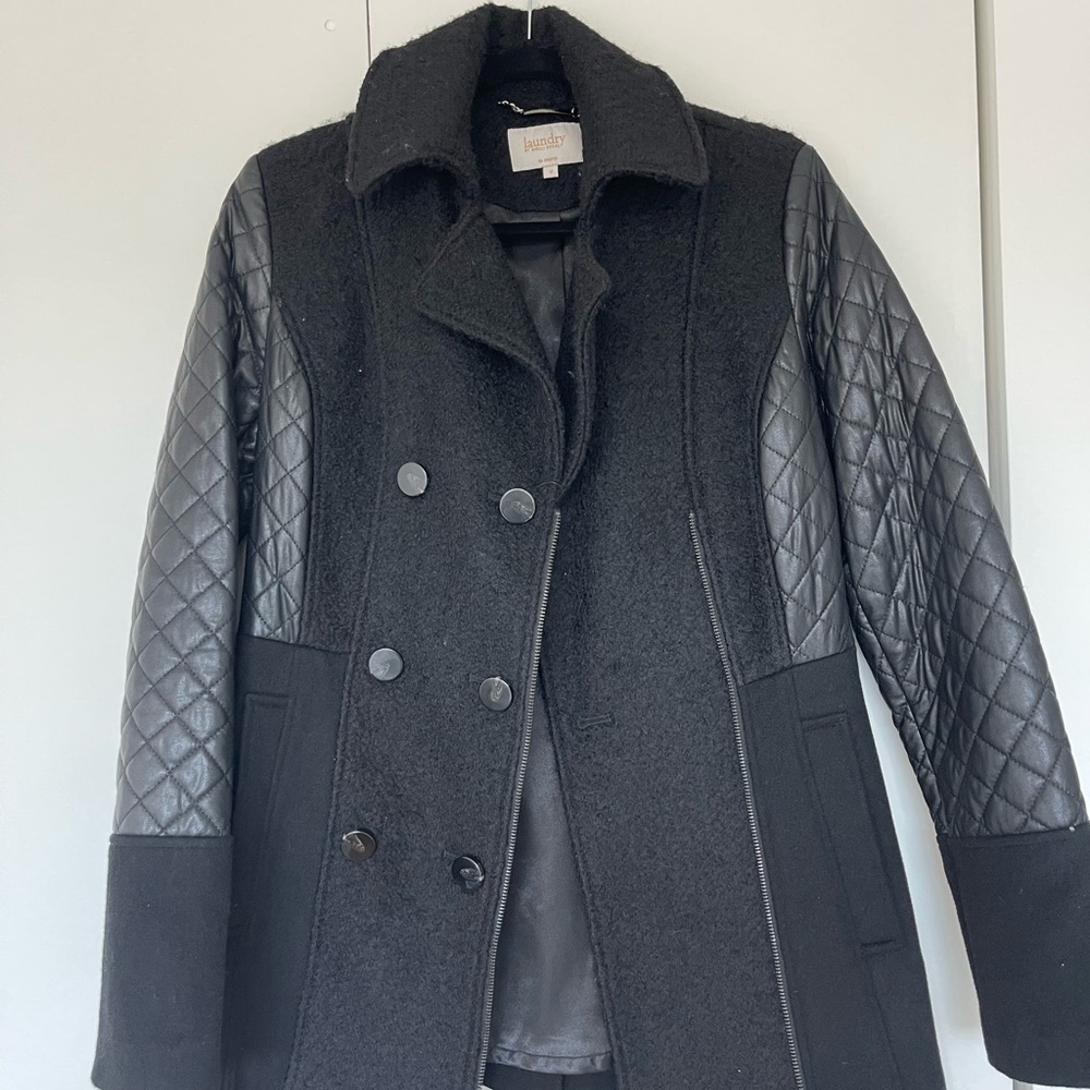 Black mixed media wool/leather coat